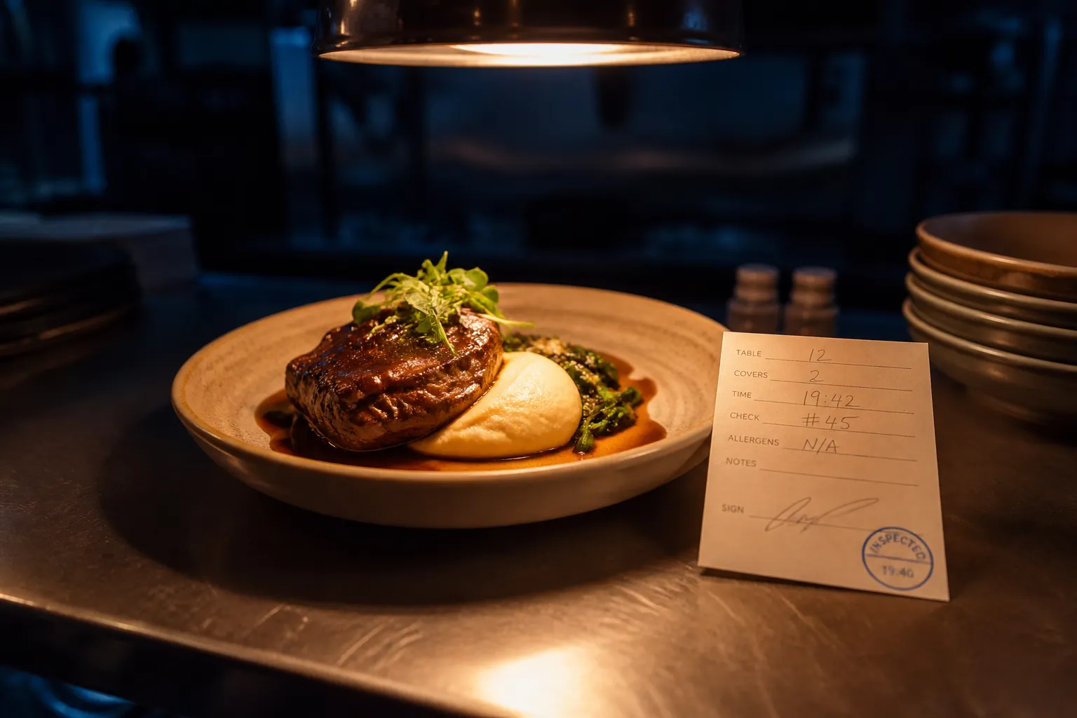 Dos vistas: maraña de la cocina detrás frente al plato emplatado con carta en el pase