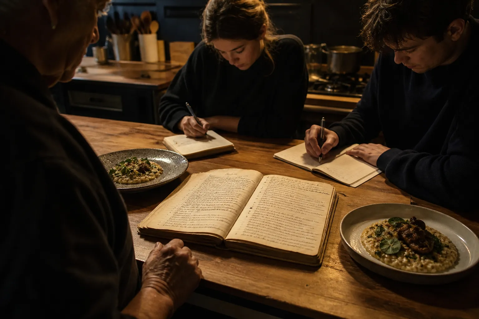 Libreta de receta manuscrita con dos nietos anotando interpretaciones distintas del mismo plato