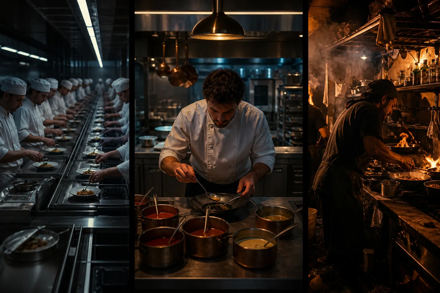 Tres cocinas: ingredientes crudos, platos terminados precintados y el sweet spot de salsas base con composición local