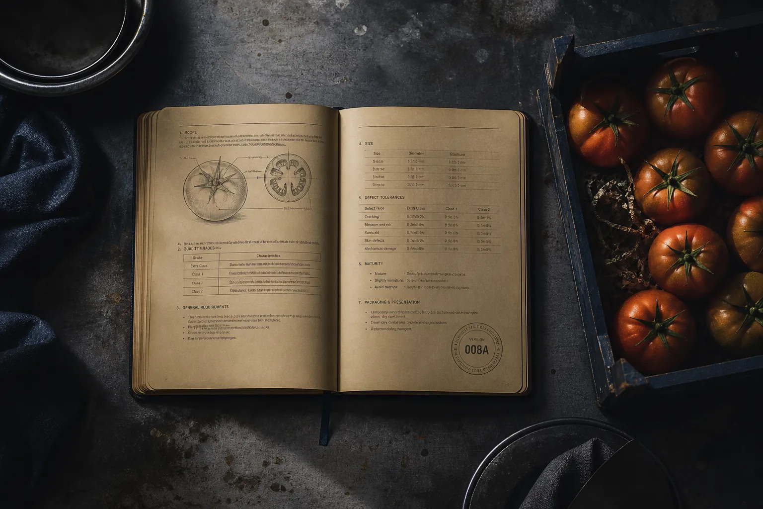 V1 notebook with handwritten rules for San Marzano DOP tomatoes and a validity stamp