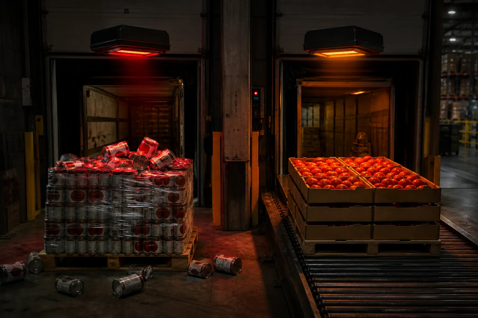 Split loading dock: rejected canned goods in red next to fresh tomatoes flagged for human review